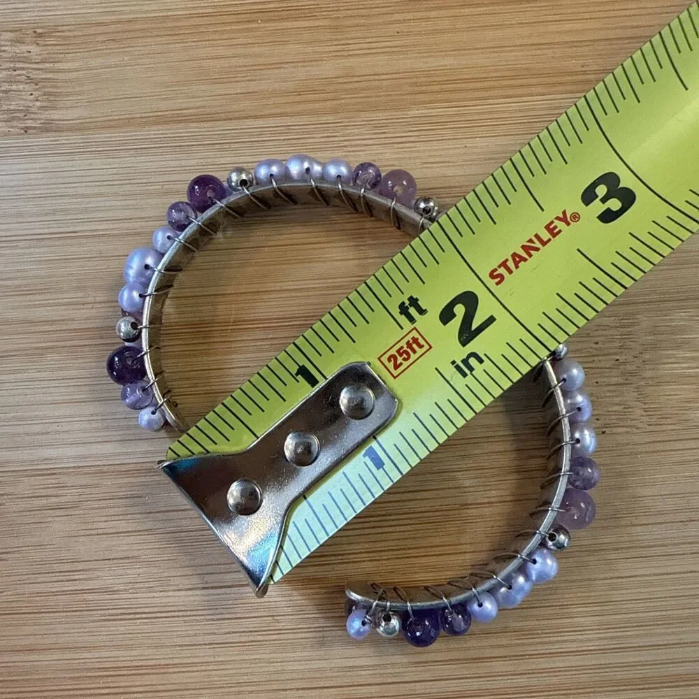 LAVENDER PURPLE PEARL BEAD WIRED BRACELET ON 925 SILVER BANGLE CUFF